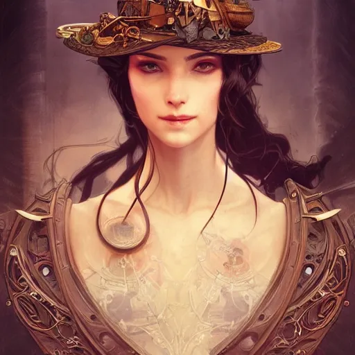 Image similar to photograpic portrait of a pretty woman, steampunk, fantasy, intricate, elegant, highly detailed, digital painting, artstation, concept art, smooth, sharp focus, illustration, art by artgerm and greg rutkowski and alphonse mucha