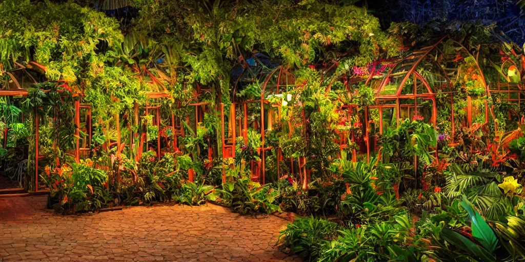 Prompt: magician's tropical greenhouse garden with colored glass cover, outside of time and space, birds, flowers, fairy tale, night lighting, gorgeous lighting, dramatic cinematic lighting, intricate, highly detailed, low angle view, mysterious, comfort, in the style of william schneider, 8 k