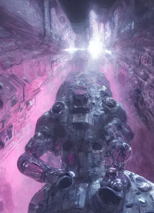 Image similar to pink concept art by craig mullins astronauts in futuristic dark and empty spaceship underwater. complex and hyperdetailed technical suit. mandelbulb fractal. reflection and dispersion materials. rays and dispersion of light. volumetric light. 5 0 mm, f / 3 2. noise film photo. flash photography. octane render. interstellar movie art