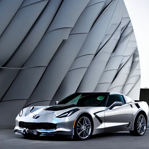 Image similar to corvette on front of building designed by zaha hadid, photorealistic, morning light