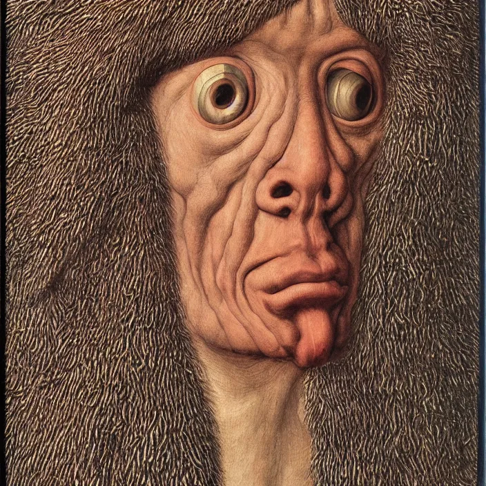 Image similar to close up portrait of a mutant monster creature with crystal eyes, small open pinky lips, fractal long eyelashes, cloth, needles. jan van eyck, audubon