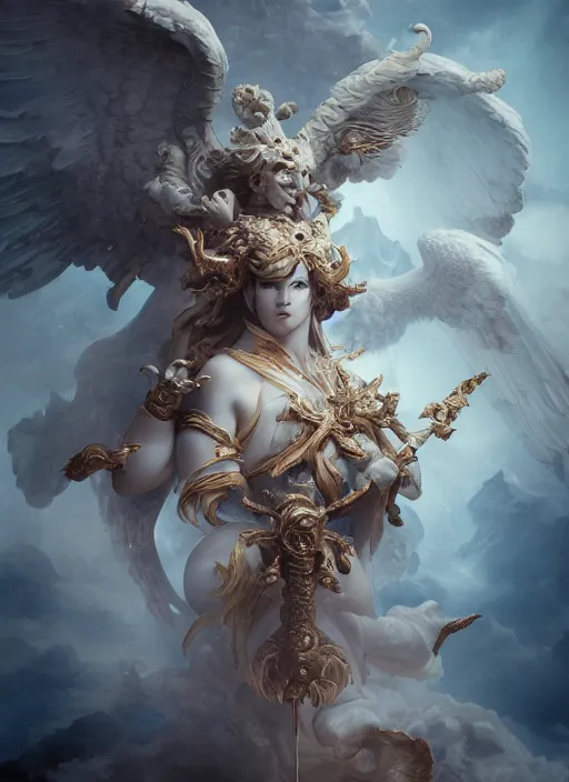 Prompt: high intricate porcelain baroque angelic warrior flying over a vast sea of hell demons, maria panfilova, andrea savchenko, mike kime, ludovic plouffe, qi sheng luo, oliver cook, trending on artstation