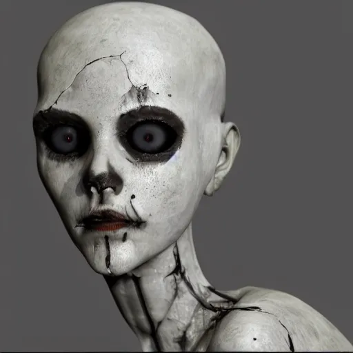 Prompt: A mannequin with white glowing eyes, sitting in a pitch black room, staring!!!!! into the camera, creepy atmosphere, eerie and grim art style, photorealistic facial features, close-up!!!!!!, trending on artstation, 4k, 8k