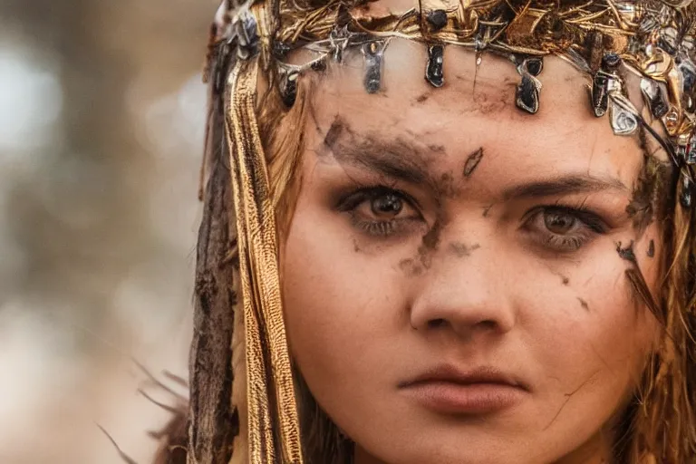 Image similar to close - up photo of a beautiful warrior princess in a battle scene, detailed eyes, shallow depth of field, photorealistic, cinematic lighting, lovely bokeh, warm colours, dusk