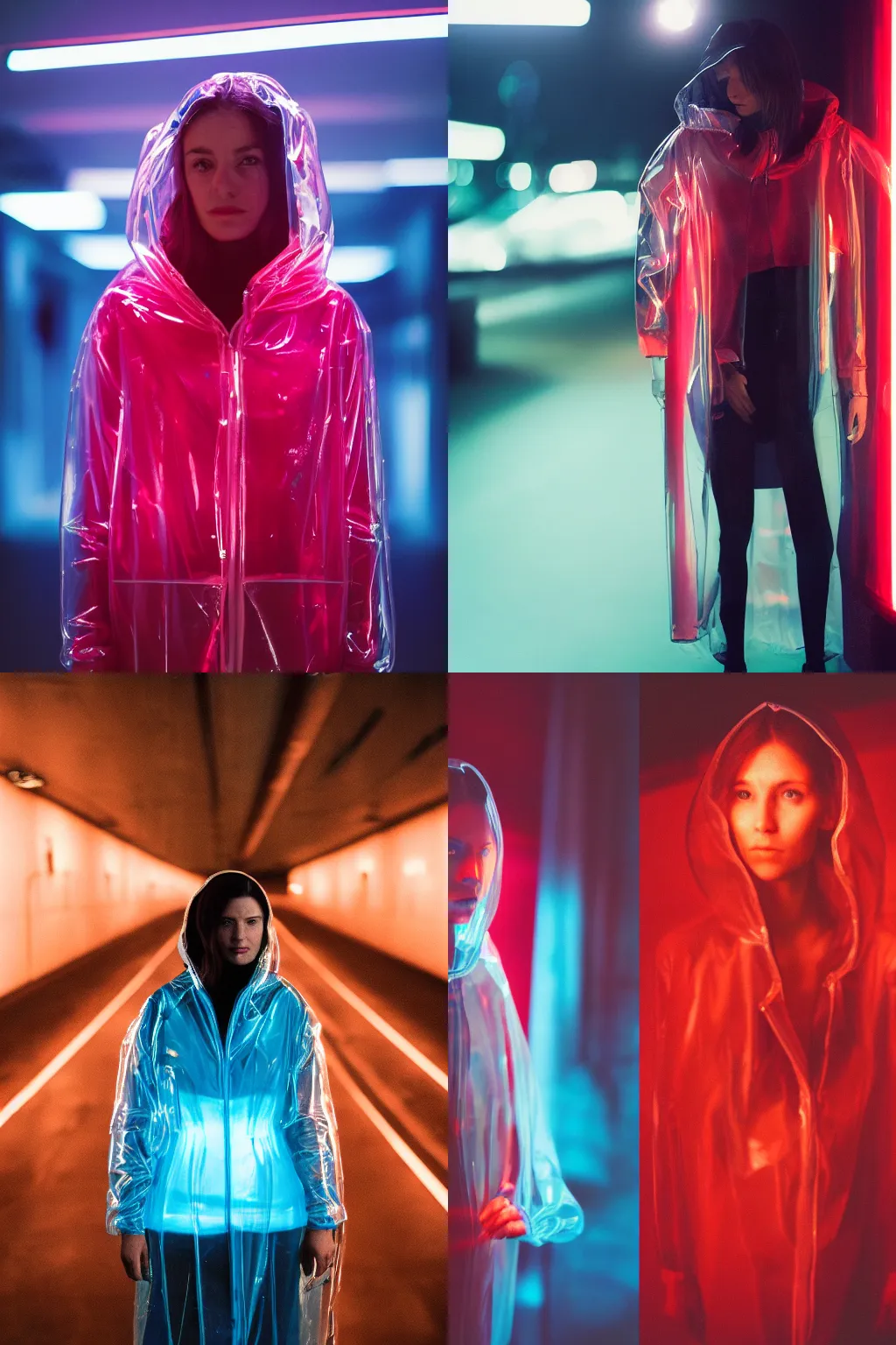 Image similar to A realistic and detailed portrait photography of a woman wearing a futuristic transparent raincoat with hoodie. by Annie Leibovitz. Neo noir style. Cinematic. Red neon lights and glow in the background. Cinestill 800T film. Lens flare. Helios 44m. Ultra detail. Photoreal. Depth of field.