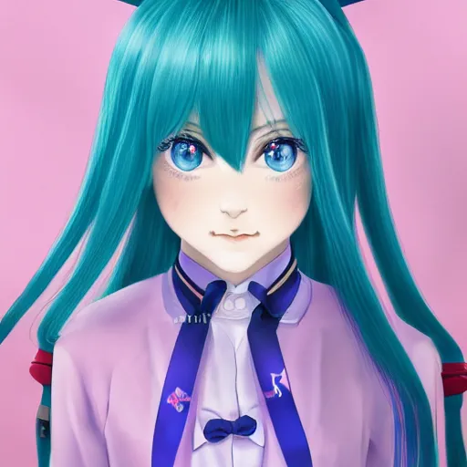 Prompt: a portrait of the young lady hatsune miku of the house lancaster, blue eyes, blue hair, porcelain skin, national portrait gallery