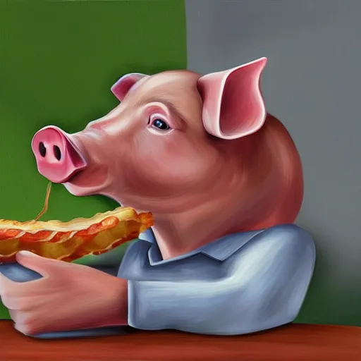 Image similar to a pig eating a rasher of bacon. detailed, realistic, digital painting,