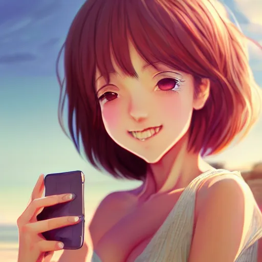 Prompt: beautiful serene intricate very detailed portrait of a realistic anime girl taking a selfie, smiling softly, wearing casual clothes, relaxing on the beach, golden hour, soft focus, 8 k, art by irakli nadar, hyperrealism, hyperdetailed, ultra realistic