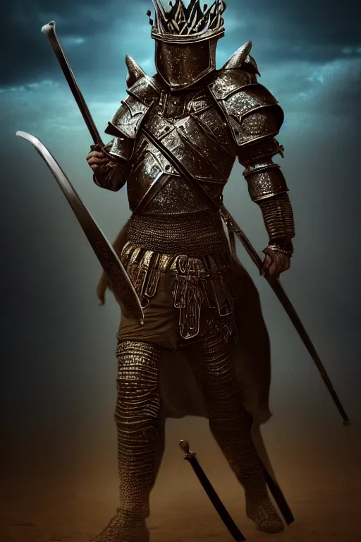 Image similar to the king in the desert, Medieval Warrior fighting in a dark scene, detailed scene, standing in a heroid figure, Armour and Crown, highly detailed, blood and dust in the air, action scene, cinematic lighting, dramatic lighting, trending on artstation, elegant, intricate, character design, motion and action and tragedy, fantasy, D&D, highly detailed, digital painting, concept art