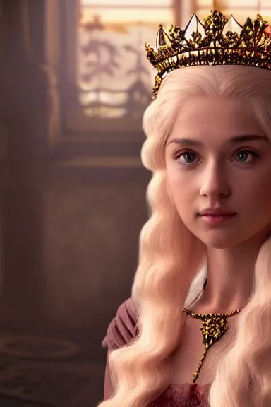 Prompt: very very intricate photorealistic photo of a realistic human version of princess peach wearing her crown in an episode of game of thrones, photo is in focus with detailed atmospheric lighting, award - winning details