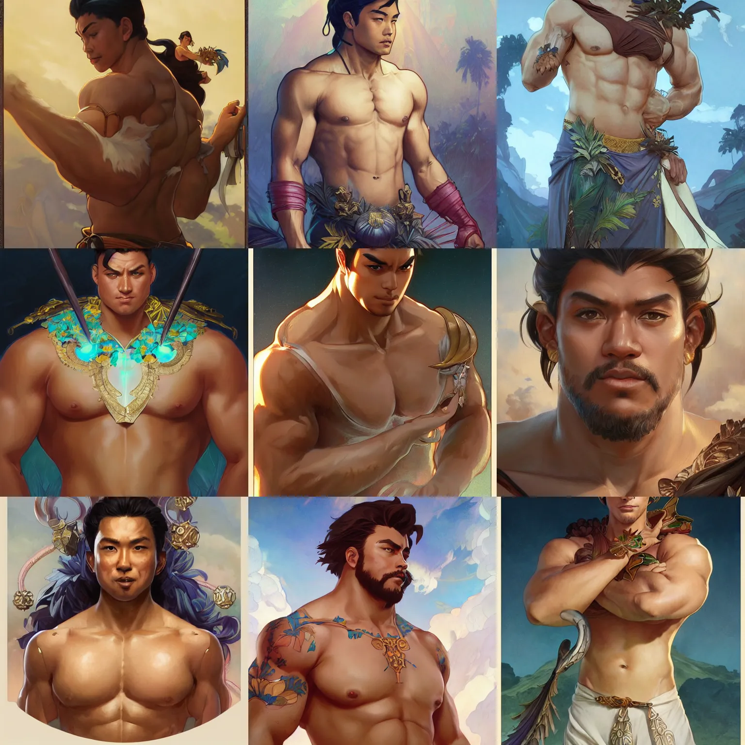 Prompt: male hawaiian emperor, art by artgerm and greg rutkowski and magali villeneuve and alphonse mucha and rossdraws and makoto shinkai, muscular, d & d, fantasy, highly detailed, digital painting, trending on artstation, concept art, sharp focus, illustration