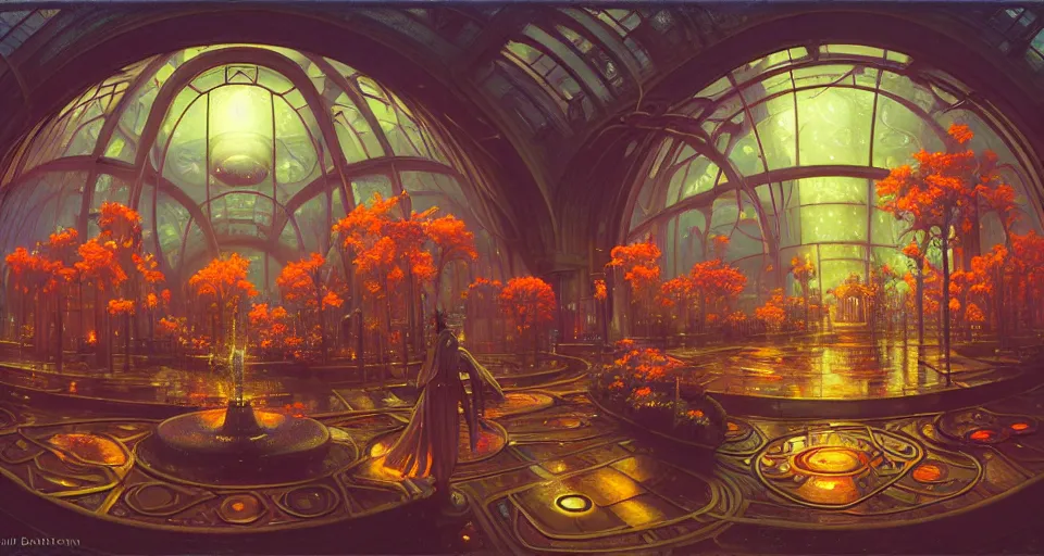 Image similar to fish eye lens a bright minimalist bioluminescent oil painting by donato giancola, warm coloured, cinematic scifi luxurious futuristic foggy steam filled victorian garden mall interior with microscopy radial windows flowers growing out of pretty bulbous ceramic fountains, gigantic pillars and flowers, maschinen krieger, beeple, star trek, star wars, ilm, atmospheric perspective