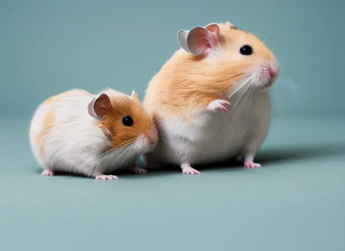 Image similar to photo of a two hamsters and their babies, cinematic color grading, various poses, soft light, faded colors, well framed, sharp focus, 8 k
