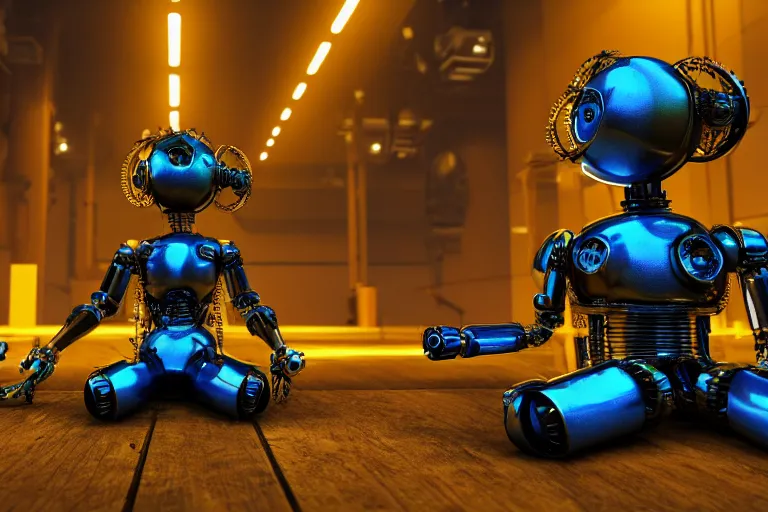 Image similar to a golden and blue metal humanoid steampunk robots wearing and gears and tubes is sitting on the ground, meditation, eyes are glowing red lightbulbs, shiny crisp finish, 3 d render, 8 k, insaneley detailed, fluorescent colors