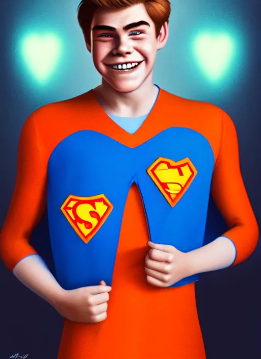 Image similar to friendly teenage archie andrews wearing an orange superhero costume with heart logo, heart, freckles, blue cape, heart emblem on chest, blue cape, intricate, elegant, glowing lights, highly detailed, digital painting, artstation, sharp focus, illustration, art by wlop, mars ravelo and greg rutkowski