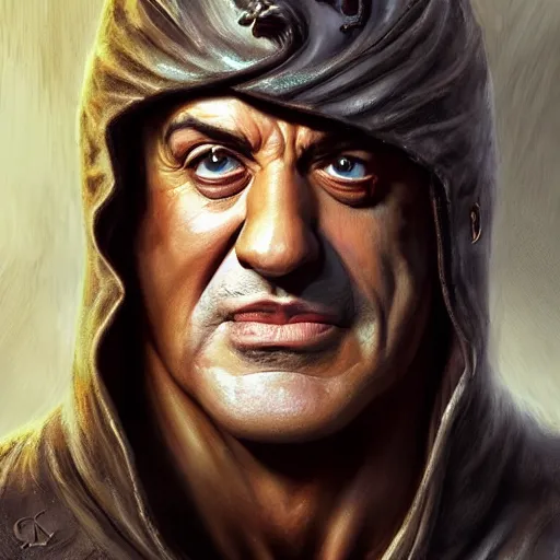 Prompt: close up cringy sylvester stallone as a dhampir, elegant, highly detailed, centered, digital painting, artstation, concept art, smooth, sharp focus, illustration, artgerm, tomasz alen kopera, peter mohrbacher, donato giancola, joseph christian leyendecker, wlop, frank frazetta