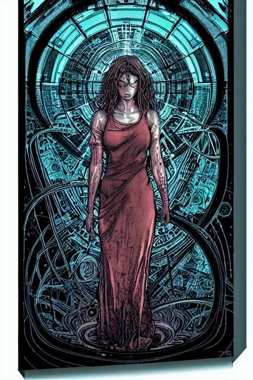 Image similar to dreamy cyberpunk girl, abstract mirrors, digital nodes, beautiful woman, detailed acrylic, grunge, intricate complexity, by dan mumford and by alberto giacometti, arthur rackham