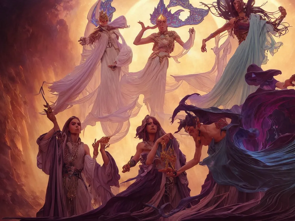 Image similar to painting of powerful stylish sorcerer and a cleric banishing shadow creatures with a rainbow spell, ultra realistic, concept art, intricate details, eerie, highly detailed, photorealistic, octane render, 8 k, unreal engine. art by artgerm and greg rutkowski and magali villeneuve and alphonse mucha