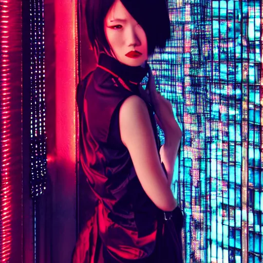 Prompt: asian goth in shinjuku, dark dress, cyberpunk, fashion, biomech, red and turquoise lights, black - red - turquoise - lips, conceptart, highlights, symmetrical, portrait, pretty face, octane, unreal, realism