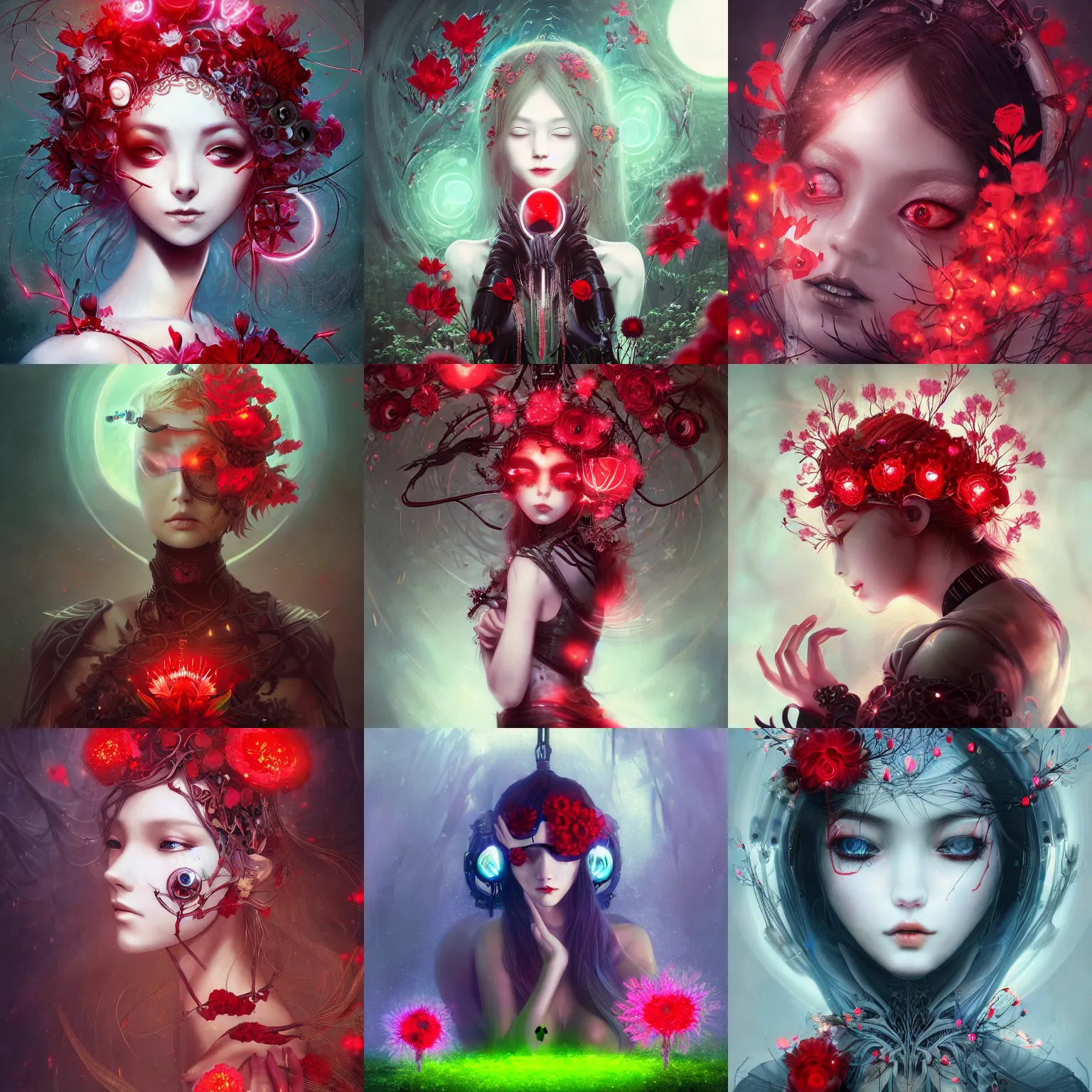 Prompt: blindfolded dreaming humanoid female cyborg wearing gothic ornament surrounded by glowing red flowers by Anna Dittmann, by hayao miyazaki, digital art. surreal. trending on art station. anime arts. featured on Pixiv, HD, 8K, highly detailed, good lighting. beautiful. epic.