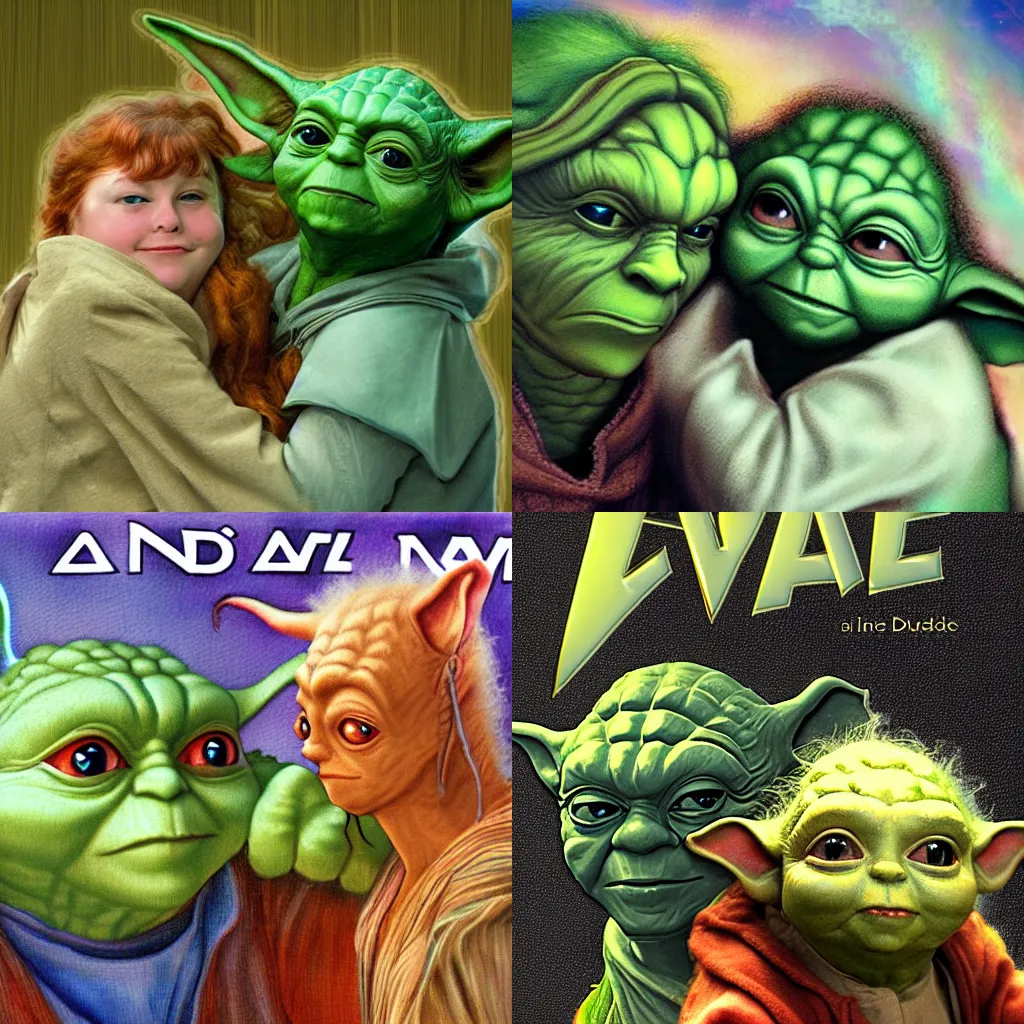 Prompt: romance novel cover with Yoda and Yaddle by Elaine Duillo