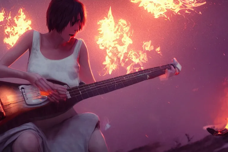 Image similar to An awesome image of a short-haired, lilac-eyed girl with a guitar spewing fire, trending on Artstation, 8k, photorealistic, hyper detailed, unreal engine 5, IMAX quality, cinematic, epic lighting, in the style of Greg Rutkowski