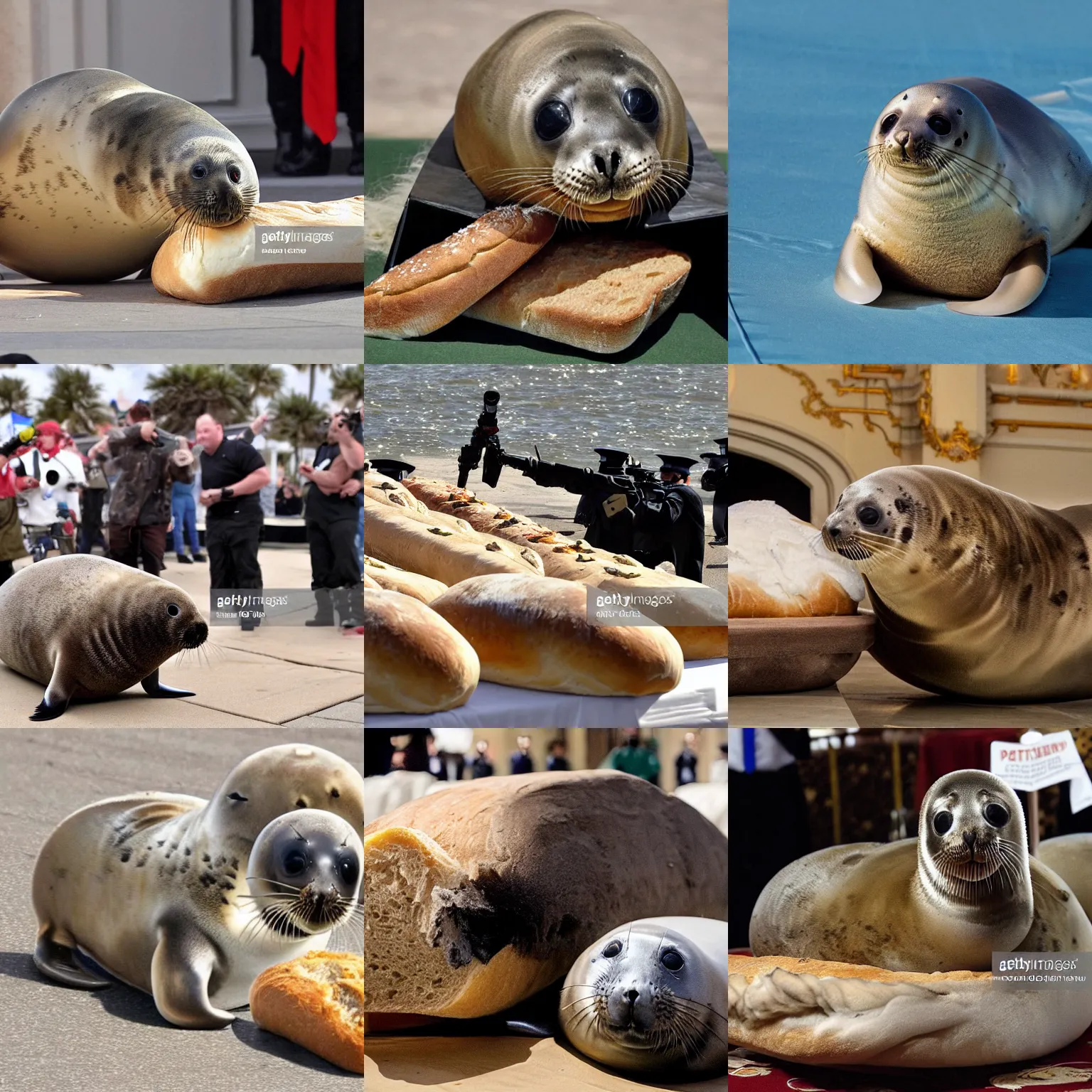 Prompt: baby seal disguised as a loaf of bread engages the enemy faction and fires a barrage of Pulse Cannons from Battletech while at Mar-a-Lago, high quality news photo