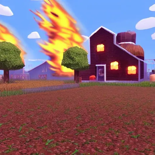 Image similar to a small vintage farm on fire in a corn field in the style of Mario 64, gameplay footage