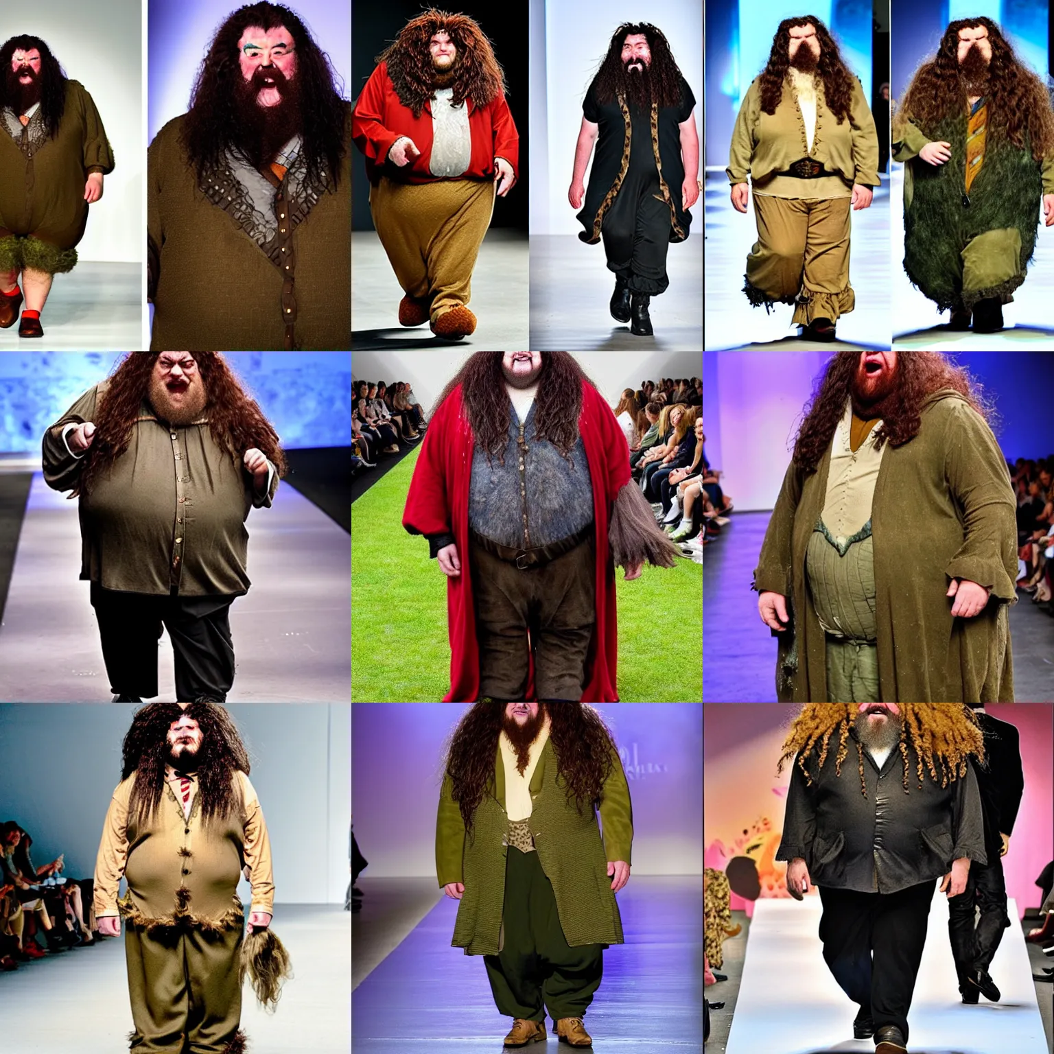 Prompt: hagrid in runway show, dressed as food, weird fashion outfit