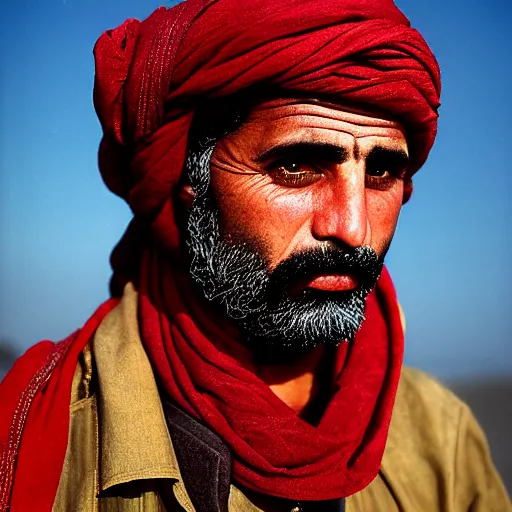 Image similar to portrait of stavros halkias as afghan man, green eyes and red scarf looking intently, photograph by steve mccurry
