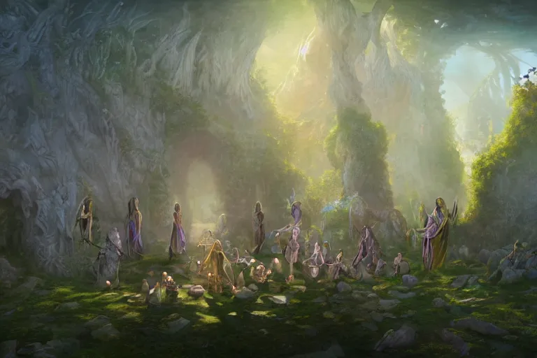 Image similar to the muses. a sacred stone circle, rivendell, the garden of eden, sacred singers they who took up the strings of the deep, and turned the cacophony of an angry world into songs of unity and peace. morning lighting hopeful, cinematic fantasy painting, dungeons and dragons, jessica rossier and brian froud