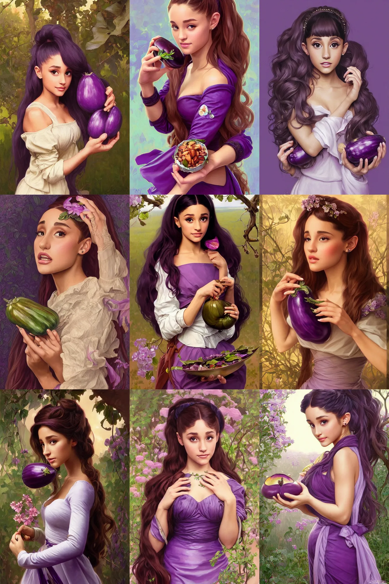 Prompt: beautiful cottagecore Ariana Grande holding a purple eggplant, intricate, elegant, highly detailed, digital painting, artstation, concept art, smooth, sharp, focus, illustration, art by artgerm and greg rutkowski and alphonse mucha