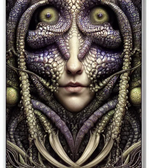 Prompt: detailed realistic beautiful chameleon goddess face portrait by jean delville, gustave dore, iris van herpen and marco mazzoni, art forms of nature by ernst haeckel, art nouveau, symbolist, visionary, gothic, neo - gothic, pre - raphaelite, fractal lace, intricate alien botanicals, biodiversity, surreality, hyperdetailed ultrasharp octane render