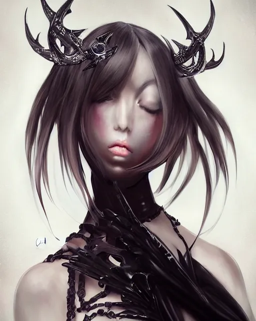 Image similar to Anime demon girl wearing haute couture by 'alexander mcqueen', art of ‘B.c.N.y.’ and artgerm and wlop, elegant, ominous, concept art, digital painting, highly detailed, intricate, trending on artstation