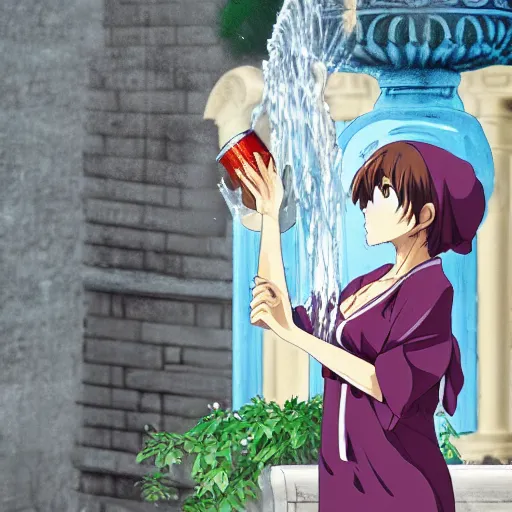 Image similar to an anime waifu in a greek attire pouring water out of a vase into a fountain, spanish alleyway