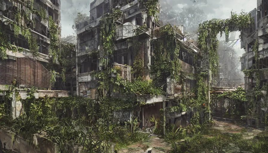 Image similar to Abandoned Building Overgrown by beautiful plants, Dystopian Slum, Hyperrealism, Hyperdetailed, Intricate Details, Anamorphic Lens, Cinematic Lighting, Volumetric Lights, Raytracing Reflections, Unreal Engine 5