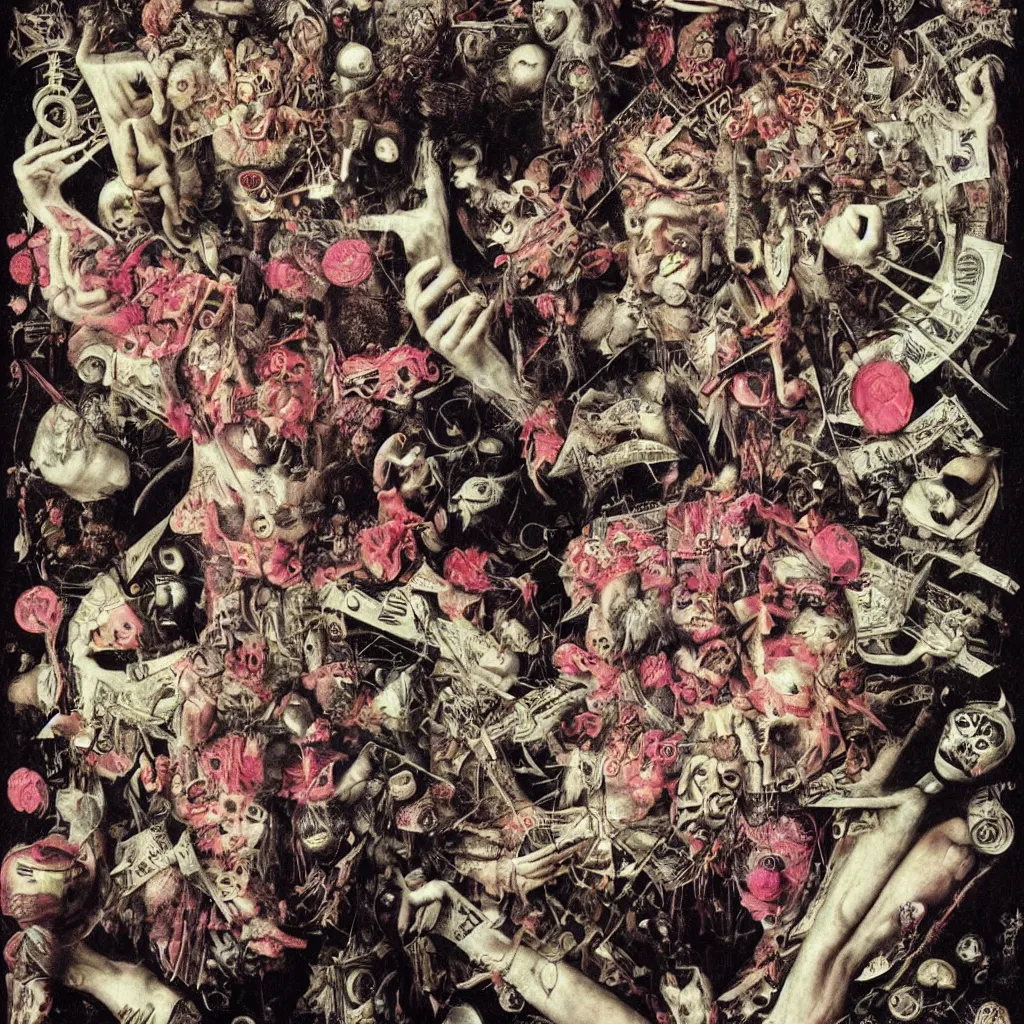 Image similar to post - punk new age album cover, asymmetrical design, dollar bank notes, capitalism, magic, apocalypse, psychedelic, black white pink, magic, giger h. r., giuseppe arcimboldo