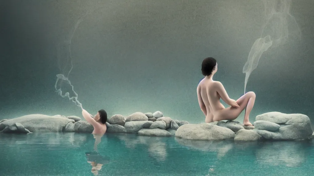 Image similar to a bather at a steaming natural hot spring in a nook of river stones, in an epic valley, japan, a collage painting, in the style of wes anderson, lola dupre, david hockney, isolated on negative white space background dark monochrome neon spraypaint accents volumetric octane render