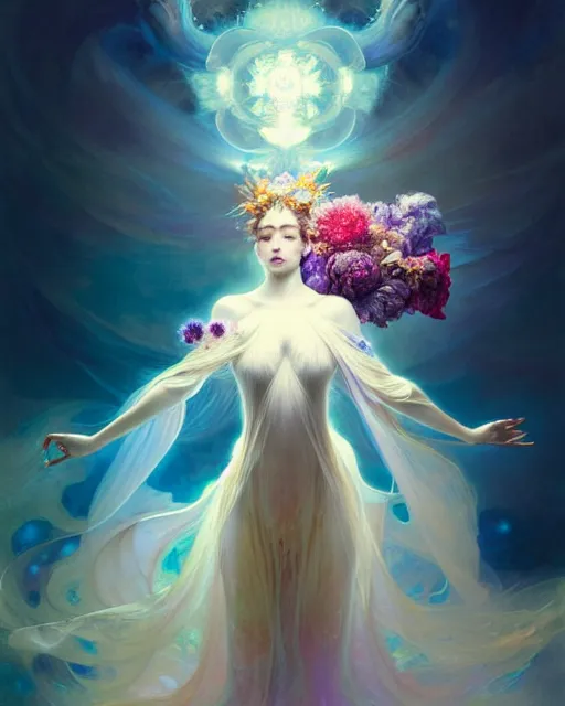 Image similar to Full View ultrarealistic Portrait ethereal fantasy deity wearing beautiful gown, rising in the air levitating, flowers, calm, 4k digital masterpiece by Anna Dittman and Alberto Seveso Ruan Jia, rossdraws, artgerm and greg rutkowski and alphonse mucha and loish and WLOP, fantasycore, Hyperdetailed, fractals, scribble art, realistic digital painting, atmospheric, fireflies, soft lighting, featured on Artstation