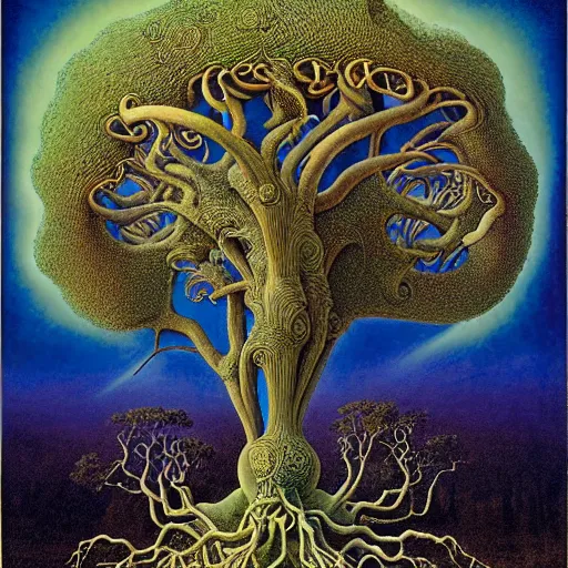 Image similar to sacred ancient ancestral mulberry tree by roger dean and andrew ferez, art forms of nature by ernst haeckel, divine chaos engine, symbolist, visionary, art nouveau, botanical fractal structures, tree of life, lightning bolts, heimat, detailed, realistic, surreality