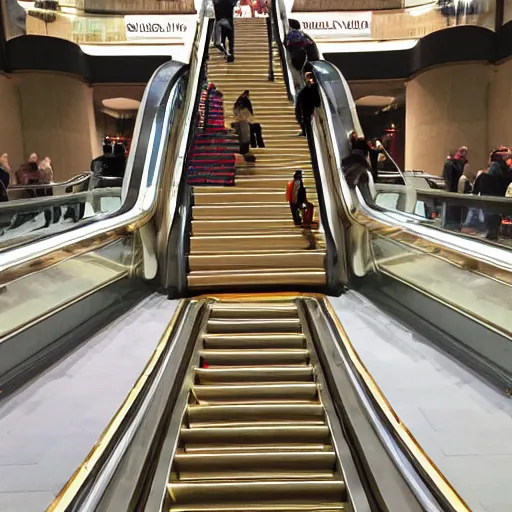 Prompt: Napolean rides an escalator to the top of mount olympus