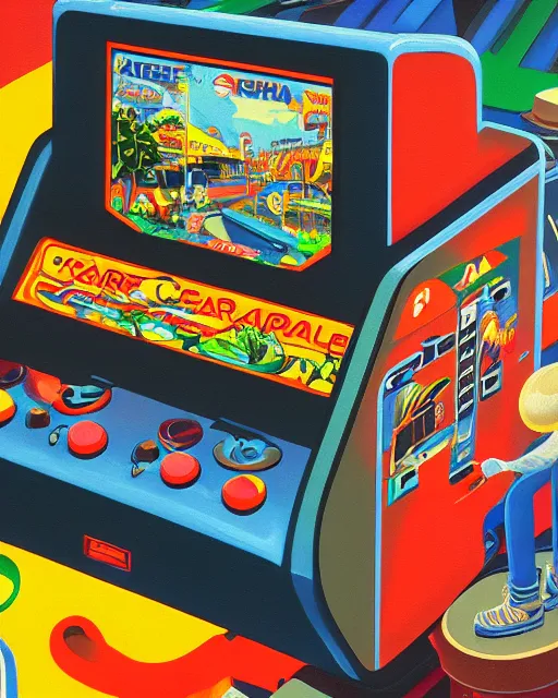 Image similar to arcade start screen. retro technology, vintage colors and shapes, wayne barlow, oil on canvas, deep depth of field, masterpiece, cinematic composition, hyperdetailed