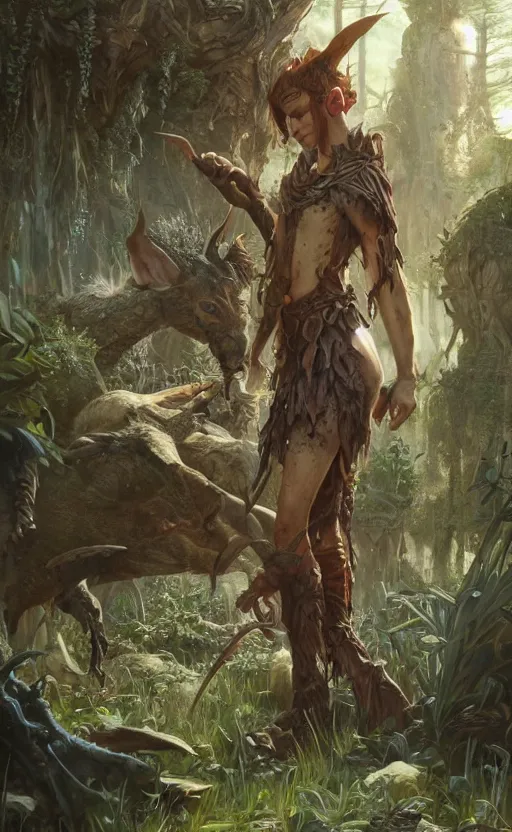 Image similar to wood elf surrounded by animals ruins landscape, d & d, fantasy, intricate, highly detailed, digital painting, artstation, octane render, concept art, matte, sharp focus, illustration, hearthstone, art by artgerm and greg rutkowski and alphonse mucha