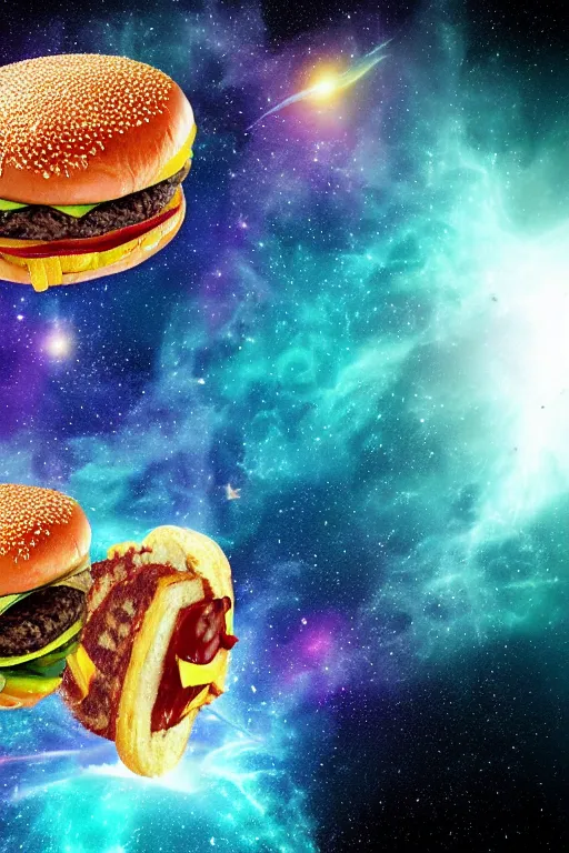 Image similar to a cheeseburger flying apart in space. nebula background. airbrush art, beautiful lighting, chiaroscuro