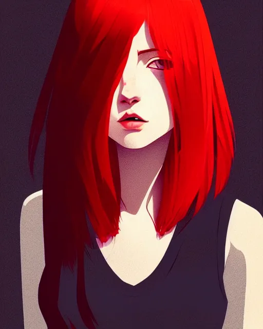 Image similar to a detailed portrait of an attractive!! woman with red hair and freckles by ilya kuvshinov, digital art, dramatic lighting, dramatic angle