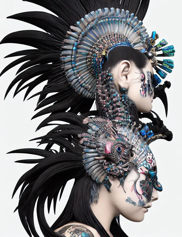 Image similar to 3 d goddess close - up profile portrait punk with mohawk with ram skull. beautiful intricately detailed japanese crow kitsune mask and clasical japanese kimono. betta fish, jellyfish phoenix, bio luminescent, plasma, ice, water, wind, creature, artwork by tooth wu and wlop and beeple and greg rutkowski