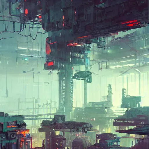 Image similar to concept art of a cyberpunk factory filled with drone workers, grimy, gritty, blade runner 2 0 4 9, trending on artstation, award winning painting, cgi, art by john berkey and anton fadeev and john howe and simon stalenhag