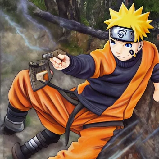 Prompt: a highly detailed painting of naruto playing free fire and he loses