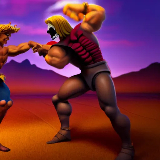 Image similar to He Man dancing with Skeletor, cinematic lighting, photorealistic