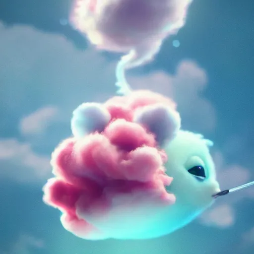 Image similar to cutest tiny fantasy cloud animal, with sprouting rainbow hair, hd, japanese anime artist drawn, dlsr, dream animal cute eyes, trending on artstation, cotton candy, octane render, cinematic